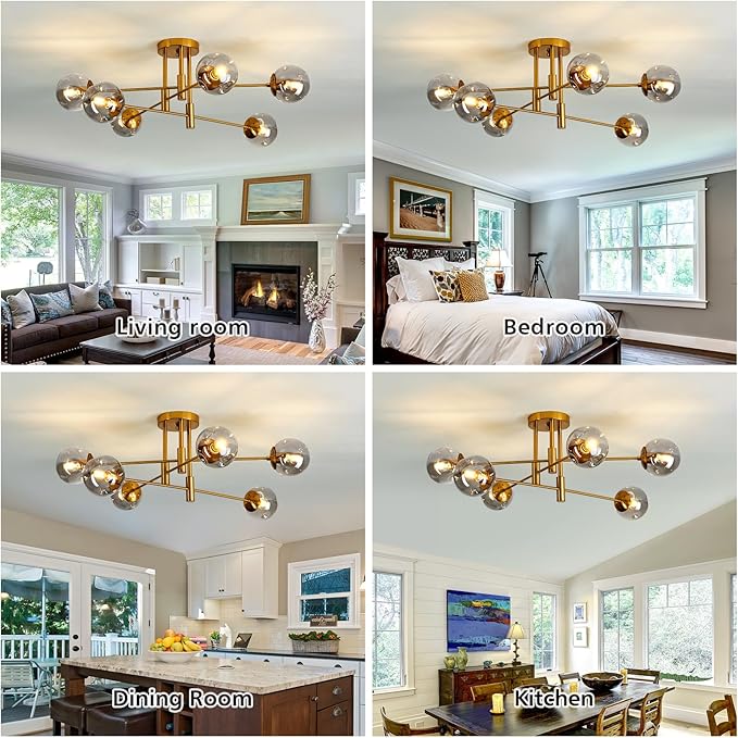 SZXYKEJI 6-Lights Glass Globe Chandelier Modern Flush Mount Ceiling Light Fixture Gold Farmhouse Lighting for Dining Room Living Room Bedroom Kitchen Passageway.