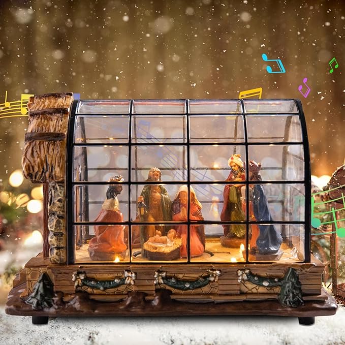 VCUTEKA Christmas Village Collectible Building, Animated Christmas Village Greenhouse Musical Village Perfect Addition to Your Xmas Indoor Decorations or Holiday Displays, Brown