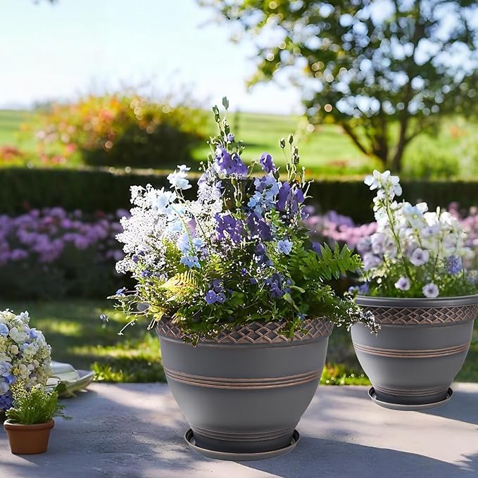 4 Pack 12 Inch Large Plant Pots, Plastic Flower Pot for Indoor & Outdoor with Drainage Holes & Saucer, Plaid Pattern Planters Garden Pots for Herbs Bronze