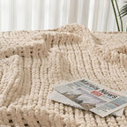 Esterra Chunky Knit Blanket Throw 50"x60", 100% Hand Knitted Chenille Throw Blanket, Cozy Soft Thick Cable Knit Throw Large Rope Knot Crochet Throw Blanket for Sofa Couch Bed, Sandshell/Oatmeal
