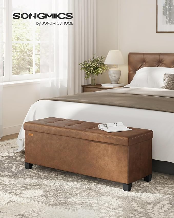 SONGMICS Storage Ottoman, Storage Bench with Legs,15 x 43 x 15.7 Inches, Ottoman Bench, 30 Gal. (112 L), Synthetic Leather, for Living Room, Entryway, Coffee Brown ULSF0514K03