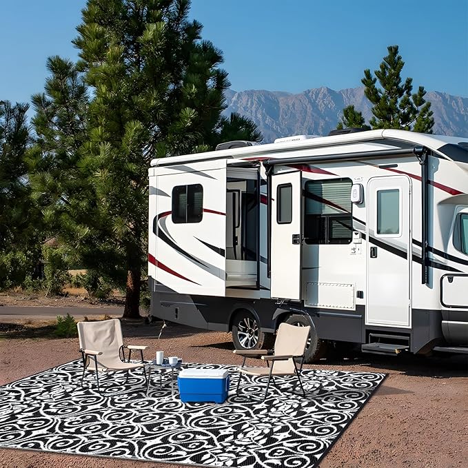 OLANLY Outdoor Rug Waterproof 6x9 ft Clearance, Reversible Outdoor Plastic Straw Rug with Floral Pattern, RV Mat for Patio, Camping, Balcony, Deck, Backyard, Black & White