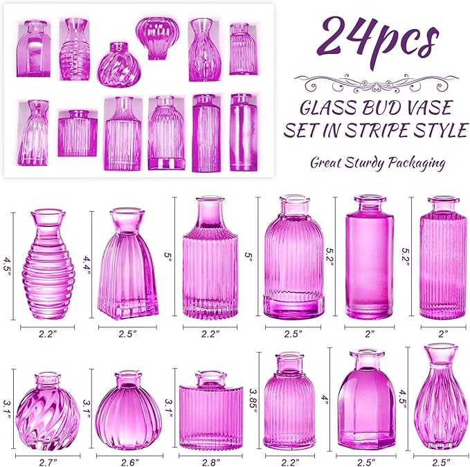 24PCS Bud Vases for Decor Cool Hot Pink Small Glass Flower Vase in Bulk Wedding Centerpieces Bridal Shower Decorations for Women