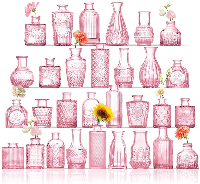 Bud Vases in Bulk 30, Small Vase for Flowers, Small Flower Vase for Centerpieces, Pink Glass Vases for Centerpieces, Mini Vintage Vases for Wedding Table Decor