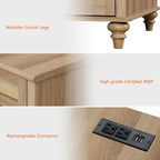WAMPAT Set of 2 Rattan End Tables with Charging Station, Tall Side Tables Nightstand with Drawer & Storage Cabinet, Light Wood Bedside Table for Bedroom & Living Room, Burlywood