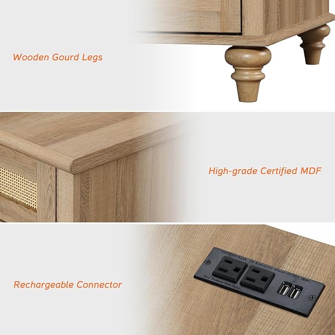 WAMPAT Farmhouse End Table with Charging Station, Rattan Side Table with Drawer & Storage Cabinet, Wooden Oak Nightstand with Power Outlets & USB Ports for Living Room, Bedroom, Burlywood