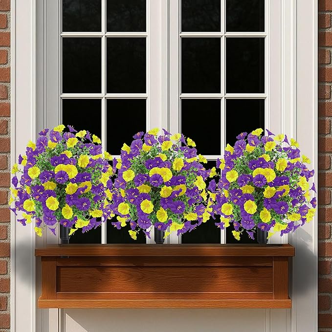 22.8" Set of 2 Fall artificial Boxwood topiary Ball tree for outdoors with Spike,UV Resistant Faux Shrubs Outdoor with morning glory flowers,Faux Plants Bushes for Garden Porch Yard Patio Decor YP