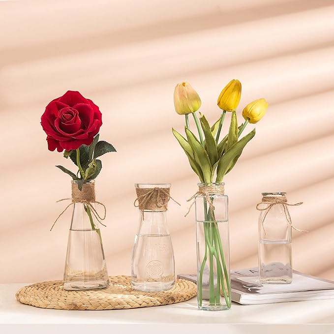 Flowers Vases Set of 10, Small Clear Glass Vases with Rope Design and Differing Unique Shapes Flower Vase for Home Holiday Decoration