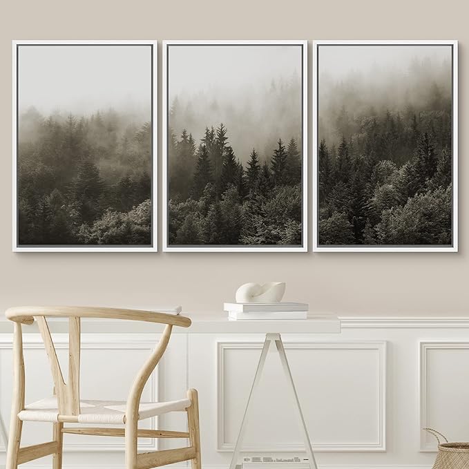 SIGNWIN Framed Canvas Print Wall Art Woodland Nursery Decor Set Fog & Mist Over Blue Pine Tree Forest Nature Modern Art Rustic Landscape Colorful for Living Room, Bedroom, Office - 16"x24"x3 White