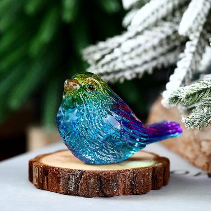 Crystal Glass Bird Figurines Glass Robin Bird Decoration Paperweight Hand Blown Glass Art Animal Collectible Figurines Gift for Women (Colorful)