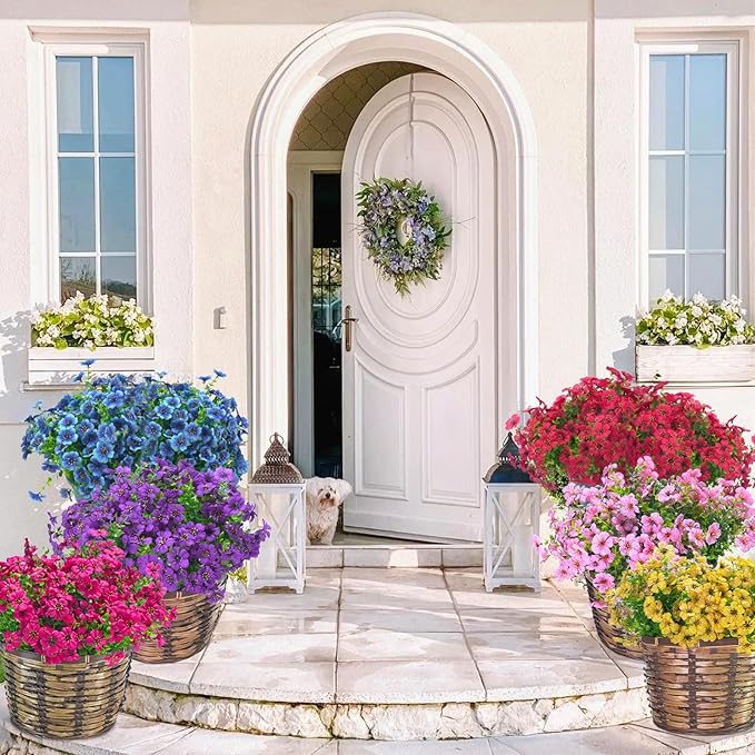 24 Bundles Artificial Flowers for Outdoors & Indoors – UV Resistant Faux Plastic Plants for Garden, Patio, Porch, Window Box, Home Decor – Lush & Vibrant Fake Flowers, Multicolor