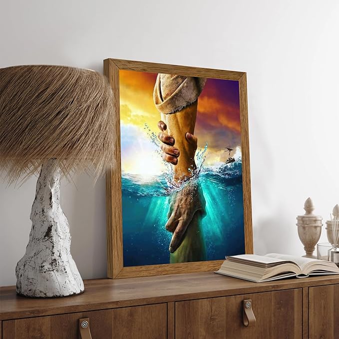 Solid Wood Framed Jesus Christ Canvas Wall Art The Hand of God Jesus Reaching Into Water Christian Painting Prints Biblical Wall Decor Religious Room Decor for Church Prayer Room Schools 12'' x 16''