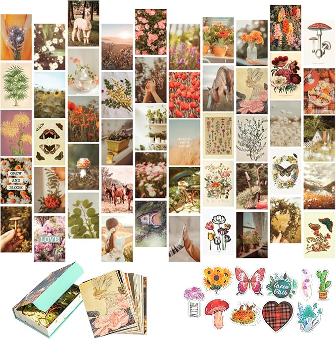 Artivo Wall Collage Kit Aesthetic Pictures, Cottagecore Wall Collage Kit, Bedroom Decor for Teen Girls, Nature Boho Collage Kit for Wall Aesthetic Posters, 50 Set 4x6 inch, Photo Collection