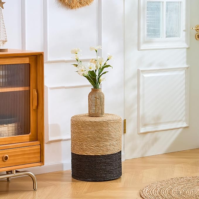 Wimarsbon Natural Seagrass Foot Stool, Hand Weaving Round Ottoman, for Living Room, Outdoor Seat (Natural & Black)