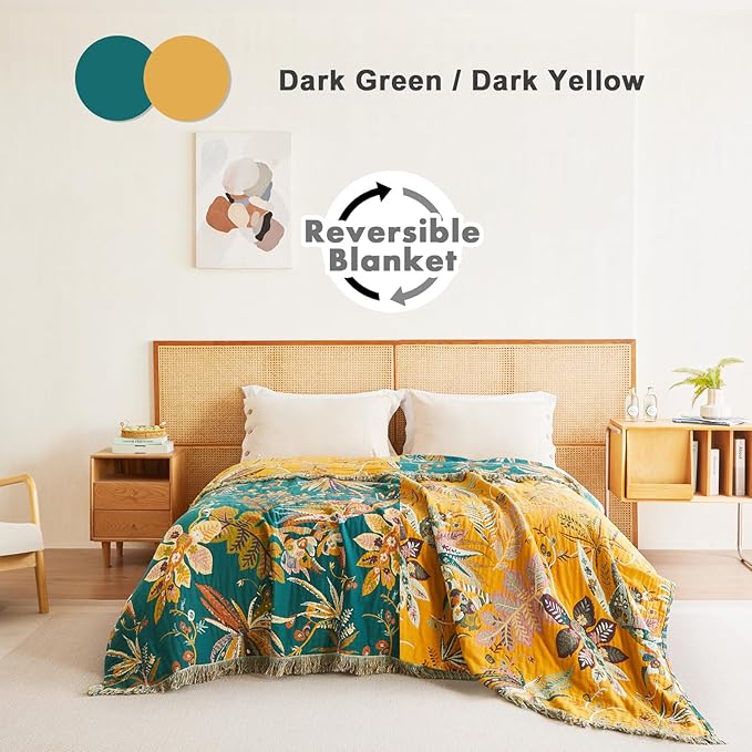 MSGKV Boho Throw Blanket for Bed Twin Size Cotton Muslin Breathable Floral Blanket 60"x80" Sofa Couch Blankets for All Seasons Lightweight Farmhouse Blankets Boho Home Decor