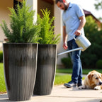 Worth Garden 23.5" H. Large Plastic Planters - Set of 2 Gradient Black Glossy Smooth Finish - Tall Plant Pots for Indoor & Outdoor Use - Decorative Lightweight Flower Pots for Front Porch, Patio, Deck