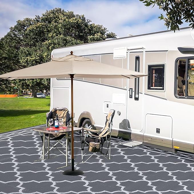 GAOMON Reversible Outdoor Rug 9'x18' Waterproof Plastic Straw Rug, Patio Rug, Large Modern Area Rug Carpet, Indoor Outdoor Rugs for Camping, Porch, Deck, Balcony, Backyard, Grey/White(Geometric)