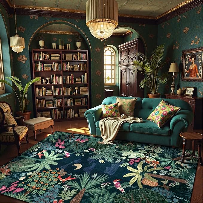 LIVEBOX Washable Bedroom Rug 8x10 Under Bed, Modern Stain Resistant Dark Green Botanical Rug for Living Room Playroom Kids Boy Room, Non-Slip Jungle Forest Print Rugs for Nursery Baby