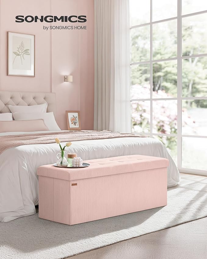 SONGMICS MAZIE Collection - Storage Ottoman Bench, Foldable Foot Rest, 15 x 43 x 15 Inches, End of Bed Bench, Storage Chest, Load 660 lb, Living Room, Bedroom, Entryway, Jelly Pink ULSF604R01