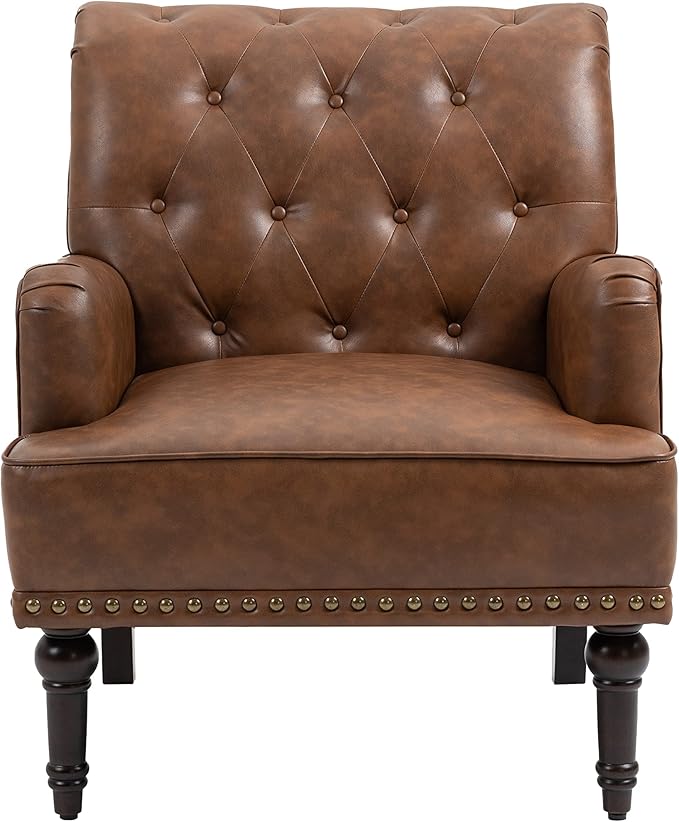 UIXE PU Leather Accent Chairs Set of 2, Modern Upholstered Armchair for Living Room, Comfy Arm Chair Single Sofa Reading Seat with Wooden Legs for Office Home Bedroom - Brown