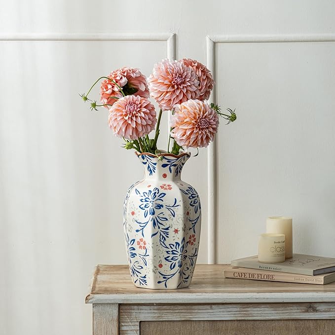 9.5 Inch Vintage Ceramic Vase, Chinoiserie Flower Vases Decorative Antique Vases for Home Decor, Rustic Blue and Pink Porcelain Vase Farmhouse Shelf Table Centerpieces Decor