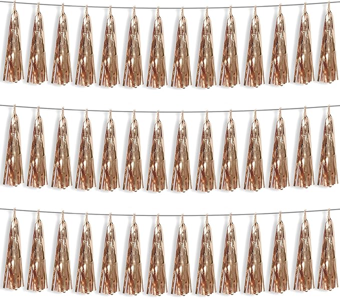 3P Champagne Gold Foil Fringe Metallic Tassel Streamers Banner Tassel Garland for Parade Floats, Bachelorette, Wedding, Birthday, Halloween, Christmas, Bridal/Baby Shower Party Decorations