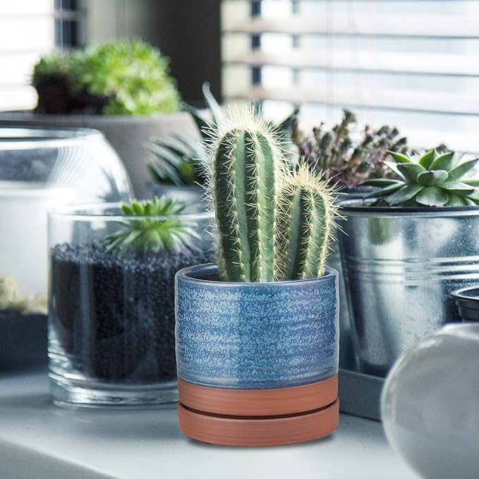 6 Inch Plant Pots, Ceramic Planter Pot with Drainage Hole & Saucer, Indoor/Outdoor Cylinder Round Planter Pot, Aqua Blue & Terracotta Red