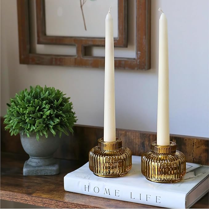 Kate Aspen Taper Candle Holders for Candlesticks, Ribbed Glass Gold Candle Holders Set of 4, Retro Candlestick Stand Decor, Votive Candle Holder Decor Accents for Holiday & Home Decoration Styling