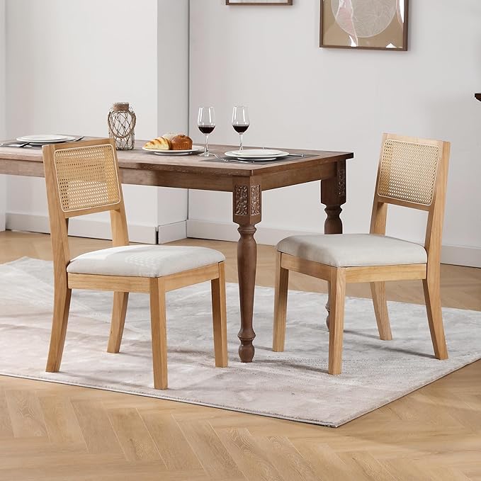 Westice Rattan Dining Chairs Set of 4, Farmhouse Natural Dining Room Chairs with Upholstered Cushion, Wood Armless Chairs for Kitchen/Restaurant