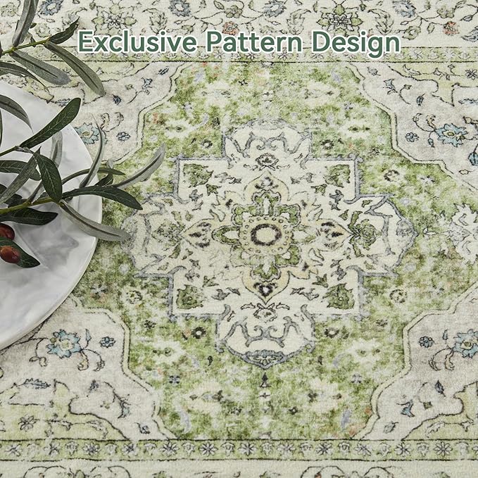 Topllen Runner Rug - 2'x6' Boho Washable Kitchen Rug, Non-Slip Soft Low Pile Rugs Indoor for Entrance Living Room Bedroom Bathroom,Vintage Throw Hallway Carpet Stain Resistance (Green, 2x6ft)