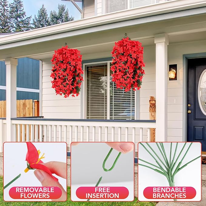 Artificial Bougainvillea Flowers for Outdoor Plant,2 pcs Faux Hanging Flowers Bougainvillea for Outside Decoration,Fake Silk UV Resistant Vines for Front Door Porch(Red)