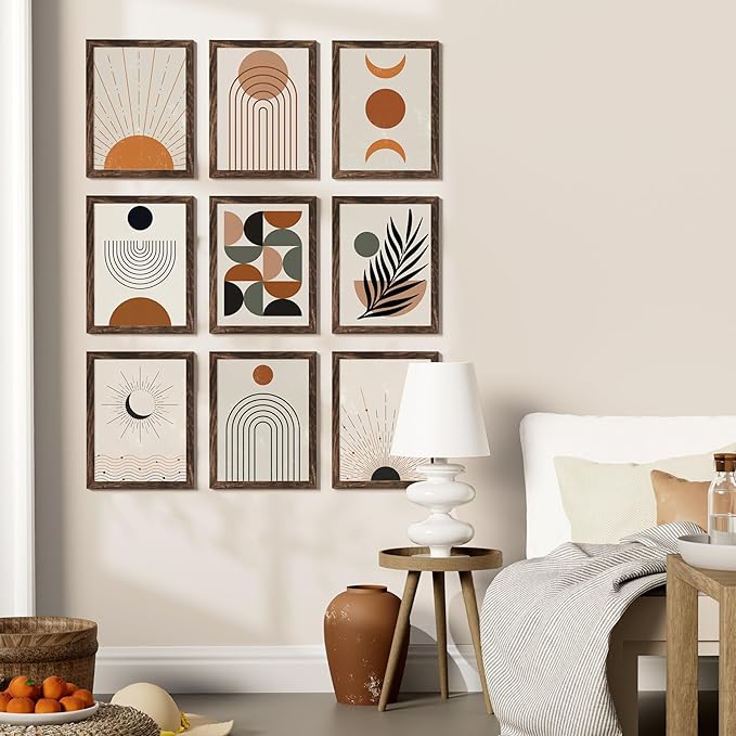 Vittanly 9x12 Picture Frames Set of 9, Shatter Resistant Plexiglass, Display 6x8 Pictures with Mat or 9x12 without Mat, Photo Frames for Wall or Tabletop, Engineered Wood, Brown