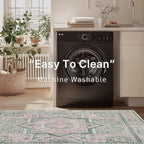 DCX Washable 8x10 Area Rug, Soft Machine Washable Non Slip with Rubber Backing Vintage Rug, Kid & Pet Friendly Living Room Area Rugs 8x10, Foldable Rugs for Bedroom Dining Room Office-Pink & Green