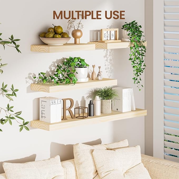 Heimlove 36 inch Floating Shelves for Wall,2 Packs Natural Pine Solid Wood Bathroom Shelf Over Toilet Decor and Storage 8 inches Deep for Kitchen Bedroom Office & Living Room Display Wall Decor