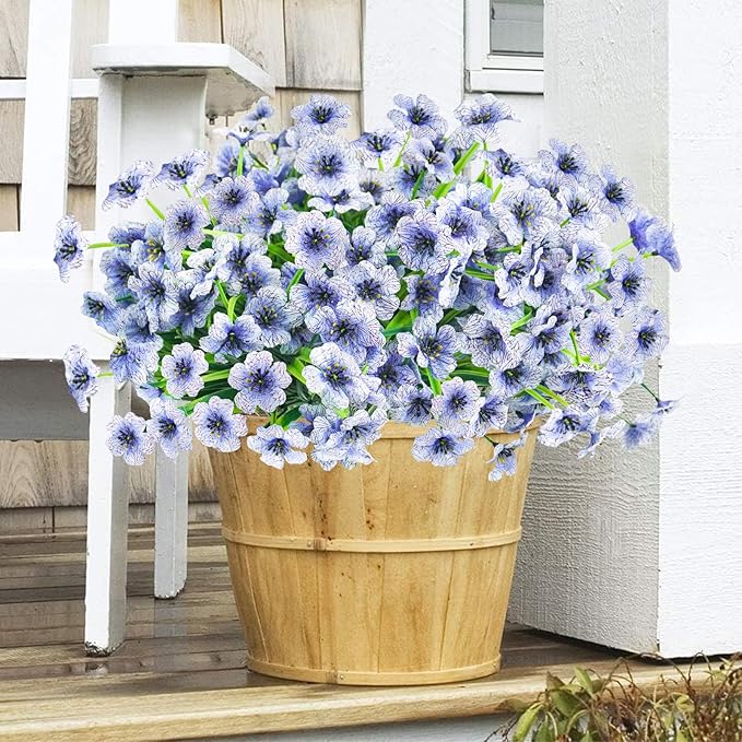 Krissing 48 Bundles Outdoor Artificial Flowers UV Resistant Fake Silk Flowers Faux Plastic Plants Outside Garden Porch Window Box Summer Decoration (Blue)
