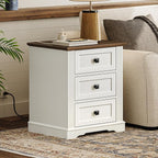 Nightstand Set of 2, Night Stand with 3 Drawers,18 Inch Wide End Table with Charging Station, Farmhouse Bedside Table, Side Table for Bedroom, Study, White and Walnut