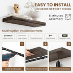 Floating Shelves, 8" Deep Rustic Solid Wood Wall Mounted Floating Shelves, Wall Shelves with Invisible Bracket for Living Room Bathroom Bedroom Kitchen, 36 Inch Set of 2, Walnut