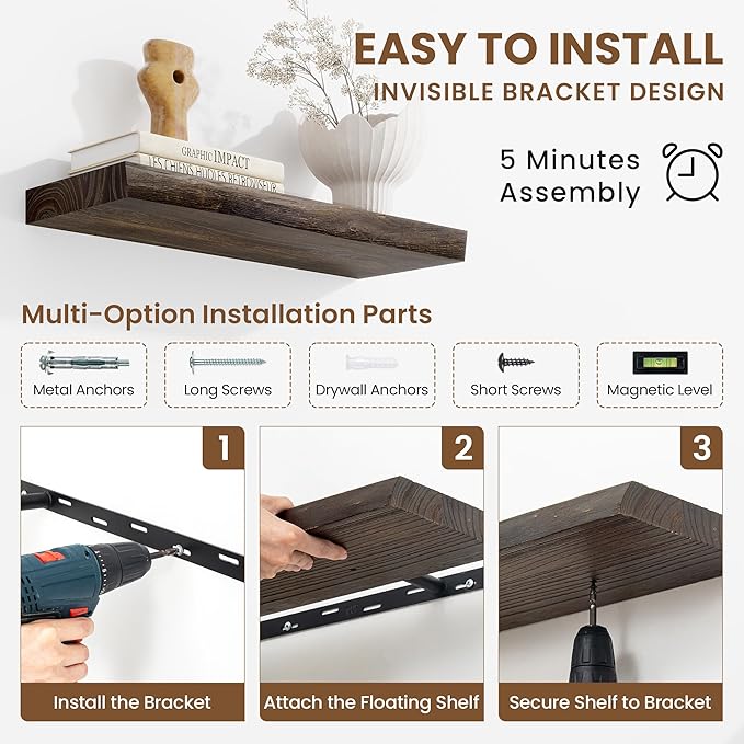 Floating Shelves, 8" Deep Rustic Solid Wood Wall Mounted Floating Shelves, Wall Shelves with Invisible Bracket for Living Room Bathroom Bedroom Kitchen, 24 Inch Set of 2, Walnut