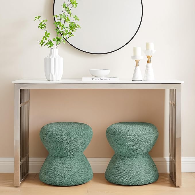 VANOMi Multi-Functional Boucle Ottoman, Vanity Stool Chair, Sturdy Wooden Footstool, Suitable for Living Room, Bedroom, and Entryway, Without Installation, Green