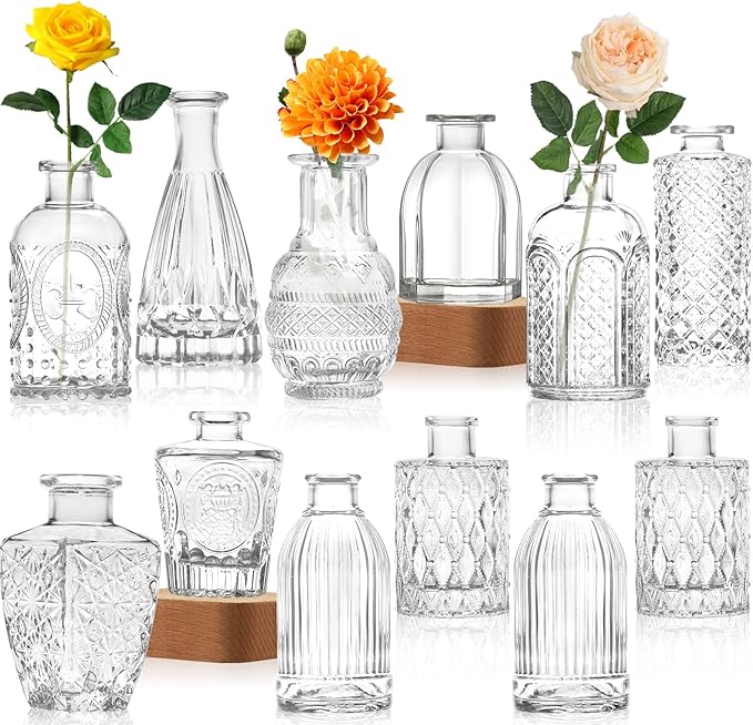 Glass Vase Bud Vase in Bulk Set of 12，Small Vintage Flower Bottle Petite Glass Flower Vase for Floral Arrangements, Decorative Centerpiece,Table Decor,Home Wedding Party