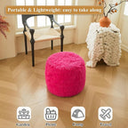 XeGe Fluffy Faux Fur Inflatable Pouf Ottoman, Soft Fuzzy Foot Stool Anti-Slip, Plush Foldable Foot Rest Floor Pouf for Kids Girls Adult, Cute Round Ottoman Cushion Living Room Bedroom, Hot Pink
