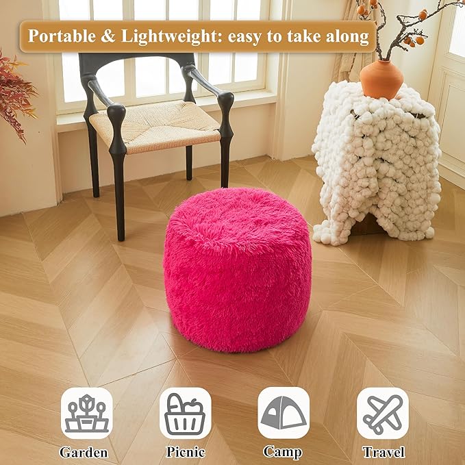 XeGe Fluffy Faux Fur Inflatable Pouf Ottoman, Soft Fuzzy Foot Stool Anti-Slip, Plush Foldable Foot Rest Floor Pouf for Kids Girls Adult, Cute Round Ottoman Cushion Living Room Bedroom, Hot Pink