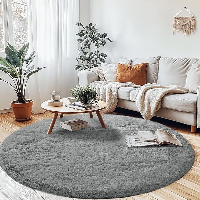 CAIYUECS Grey Round Rug for Bedroom: 4x4Feet Soft and Fluffy Area Rug for Living Room- Circle Fuzzy Bedroom Rug- Oval Furry Plush Rug for Kids Room, Nursery (4ft, Grey)