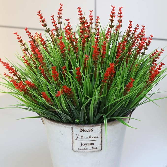 alyptus Artificial Flowers Outdoor 12 Bundles Fake Plants Outside Red Flower Grass Faux Greenery Spring Summer Wildflower Decoration for Outdoors Yard Front Porch Planter Decor (Red Flowers)