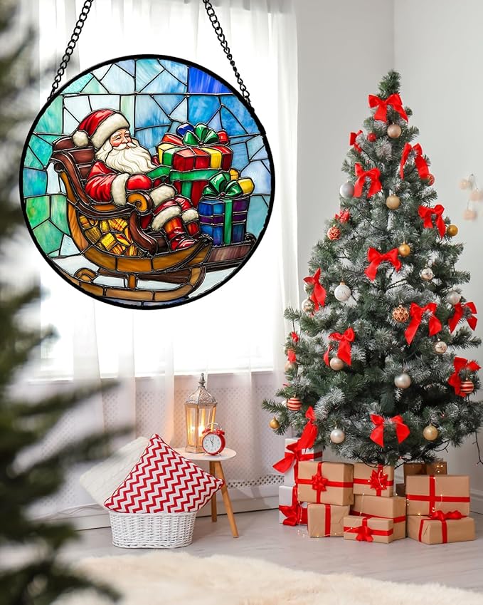 Stained Glass Window Hanging - Santa Claus Gift BoxSuncatcher for Doors Home Christmas Decoration Winter Sun Catcher Thanksgiving New Year Birthday Gift for Women Men Mom Nana 15 in