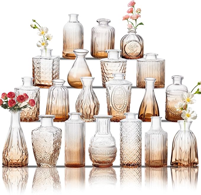Glass Bud Vase Set of 20, Small Flower Vases, Glass Vases for Centerpieces, Vintage Home Table Decorations Bud Vases (20 Pcs, Amber)