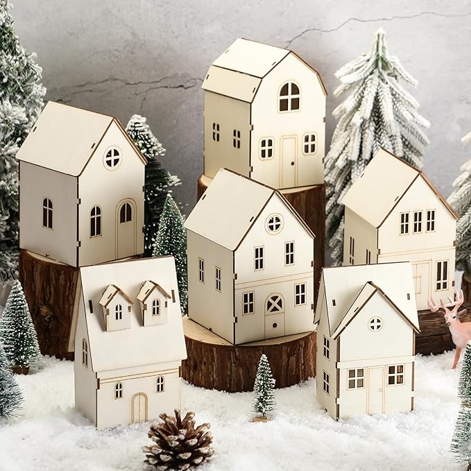 Hiboom 12 Pcs DIY Christmas Village Sets Wood Villa Houses Christmas Mini Wooden House Gift for Winter Xmas Party Decorations