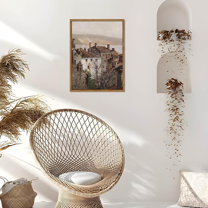 Floating Framed Vintage Canvas Wall Art, European Country Towns Wall Decor Oil Paintings Artwork, Rustic Farmhouse Posters Prints Pictures for Living Room Hallway Bedroom 8x10 inch