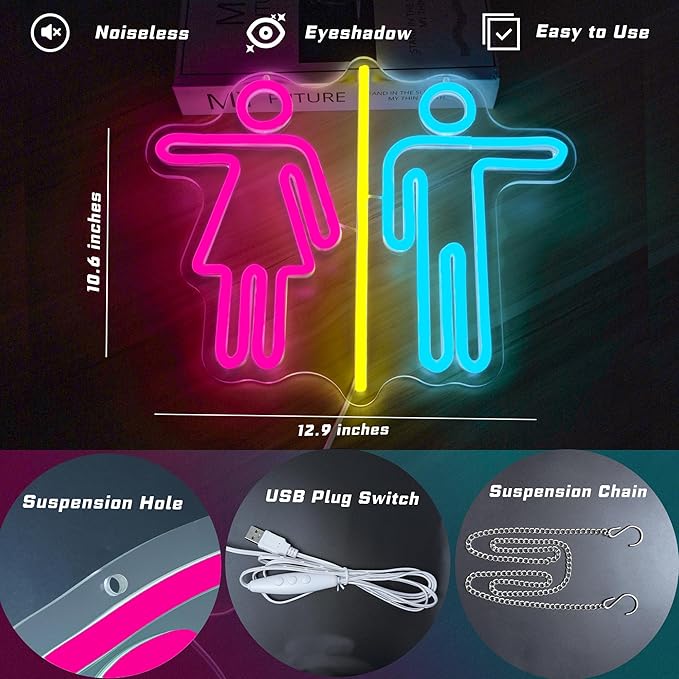 Restroom Neon Signs for Wall Decor Bathroom Neon Sign Dimmable LED Powerd Toilet Light Restroom Signs for Business Ideal for Bathroom, Bar, Hotel, Hospital,Home and Party Decoration(12.9 * 10.6inch)