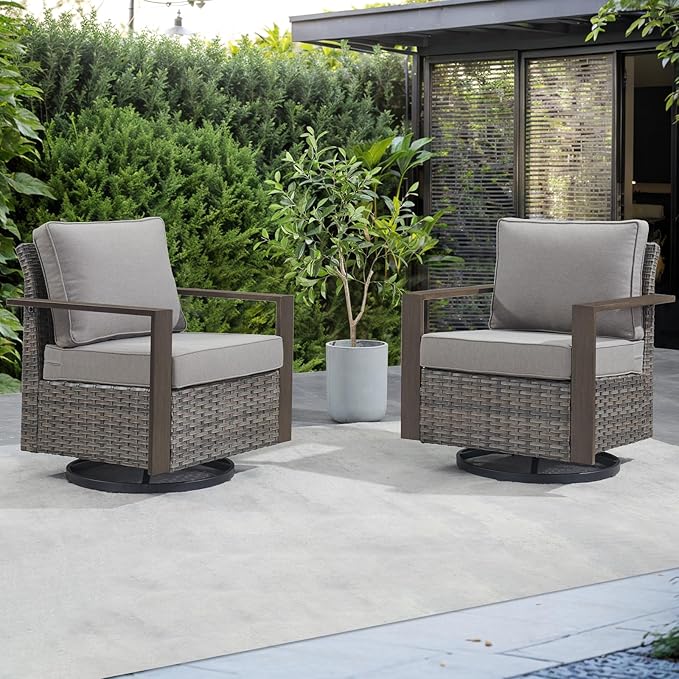 Outdoor Patio Swivel Rocker Chairs - Wicker Rattan Patio Swivel Rocking Chairs Set of 2 with Metal Wide Armrest, Thick Cushions and Deep Seating for Deck Porch Sunroom Garden(Mixed Grey/Grey)